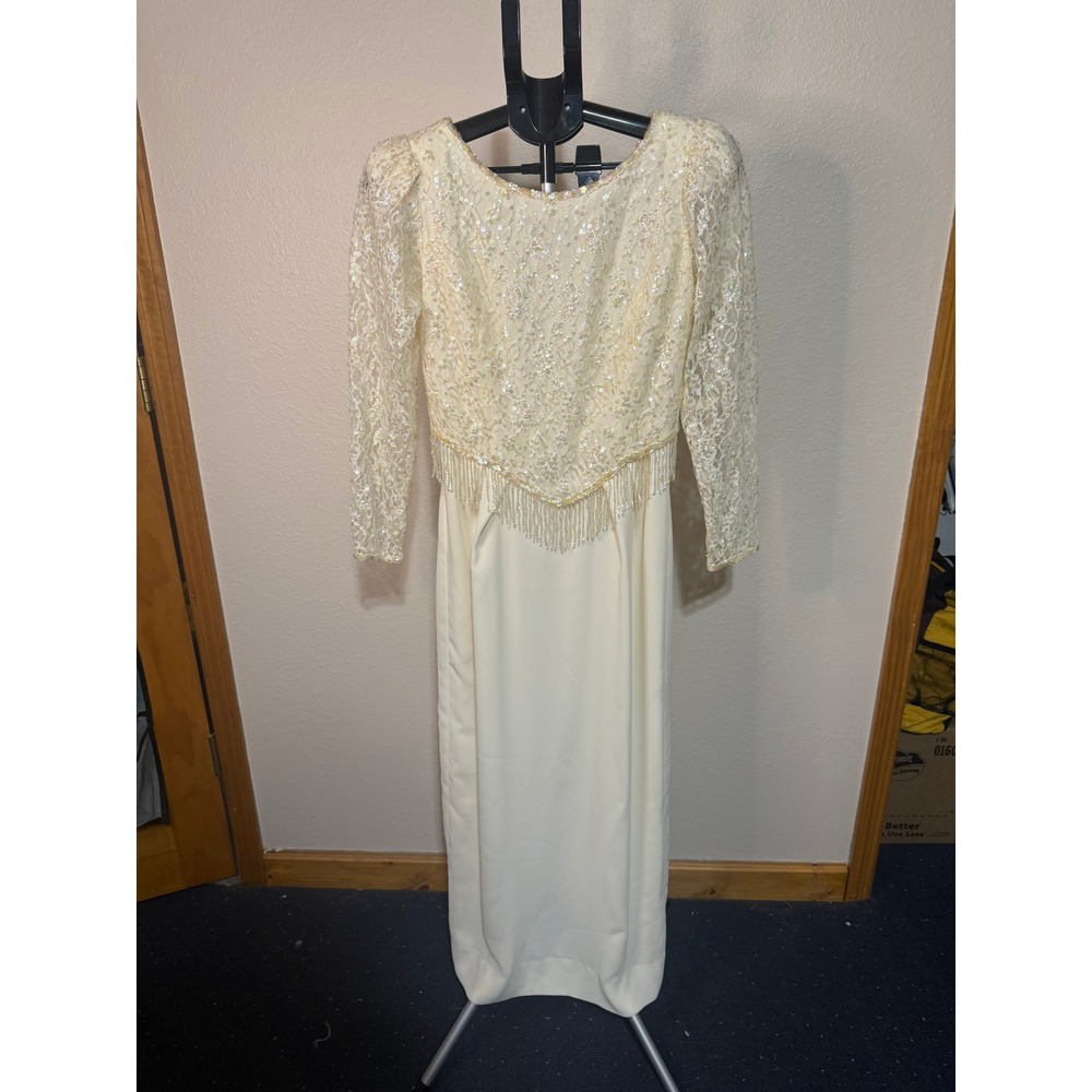 Vintage Jack Bryan Cream Lace Sequin Beaded Fringe Evening Gown Dress Size 8
